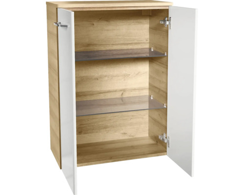 Offener Badezimmerschrank mit zwei Glasböden