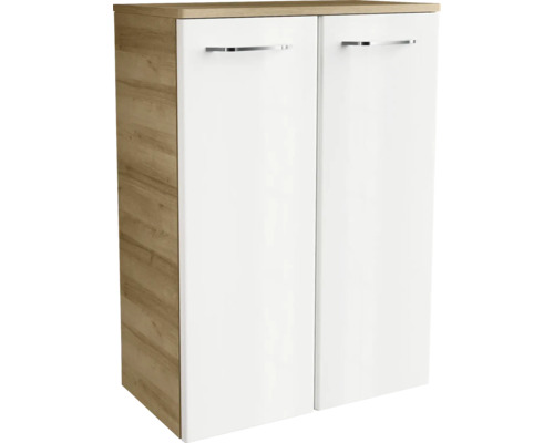Midischrank FACKELMANN Milano Ast-Eiche Weiß 60 cm breit Badunterschrank mit zwei Türen und Griffen