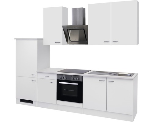 Komplette Küchenzeile mit Spüle, Herd, Backofen und Dunstabzugshaube.