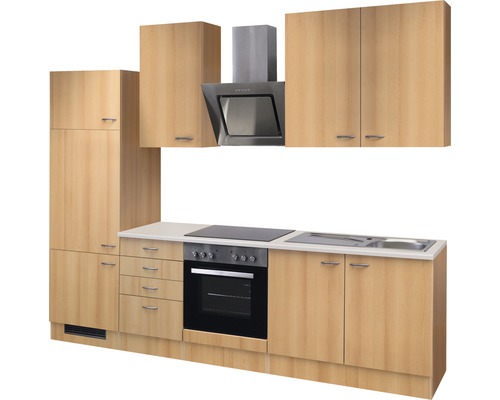 Komplette Küche mit Ober- und Unterschränken, Dunstabzugshaube, Spüle und Elektrogeräten