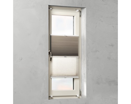 SOLUNA Doppelplissee mit Seitenverspannung, leinen/beige, 45x130 cm Fenster mit beigefarbenem Plissee als Sicht- und Sonnenschutz