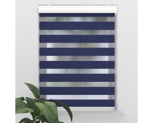 Fenster mit blau gestreiftem Doppelrollo zur Lichtregulierung