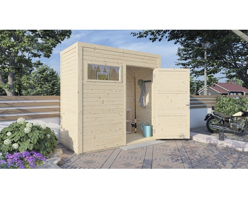Gartenhaus Cubo 1 mit Fußboden 234 x 121 cm natur exclusiv bei Hornbach Holzgartenhaus mit Fenster und geöffneter Doppeltür auf einer Terrasse
