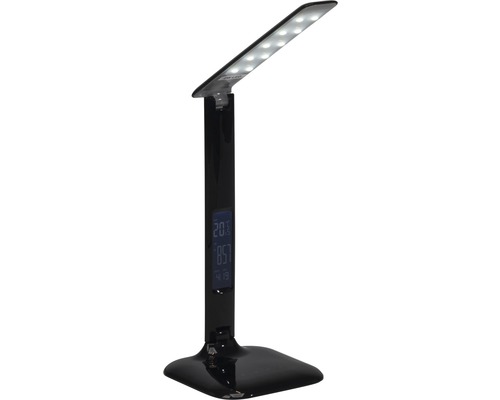 Schwarze LED-Tischleuchte mit integrierter Digitalanzeige für Temperatur und Uhrzeit