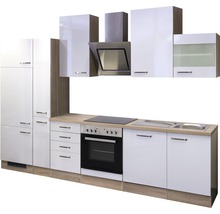 Einbauküche mit Hochschränken, Hängeschränken, Dunstabzugshaube, Spüle und Kochfeld