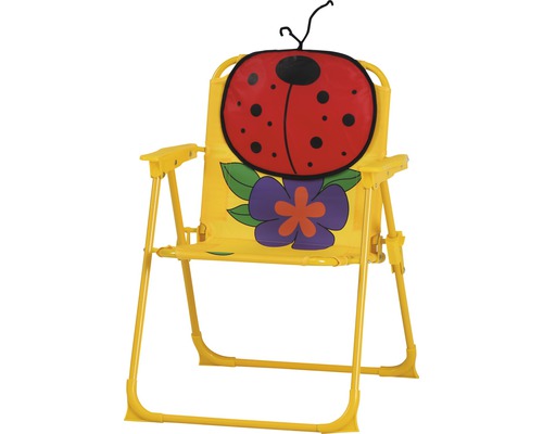 Gelber Kinderstrandstuhl mit Marienkäfer- und Blumenmuster