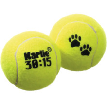 Zwei Karlie 30:15 Tennisbälle für Hunde mit Pfotenabdruck