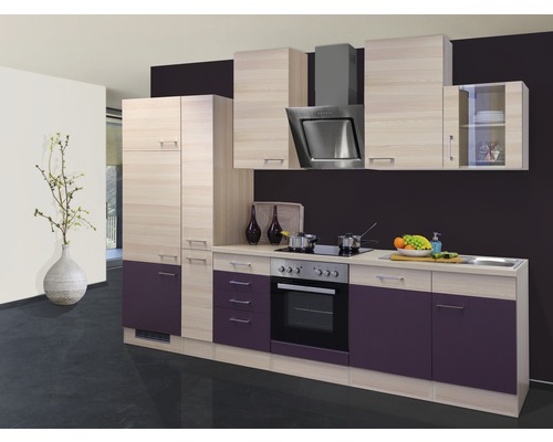 Flex Well Küchenzeile mit Geräten Focus 310 cm Frontfarbe akazie aubergine matt Korpusfarbe akazie zerlegt