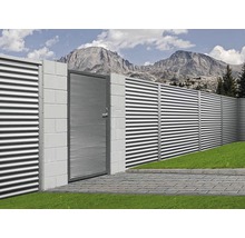 Ansicht eines Zauns aus Metall mit einem Tor vor einer Bergkulisse