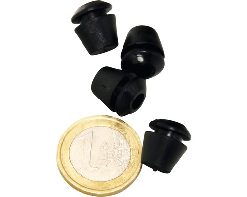 Gummipuffer JBL für Filterbehälter CP e4/7/9/1500/1 4 Stück Mehrere schwarze Gummitüllen neben einer Ein-Euro-Münze