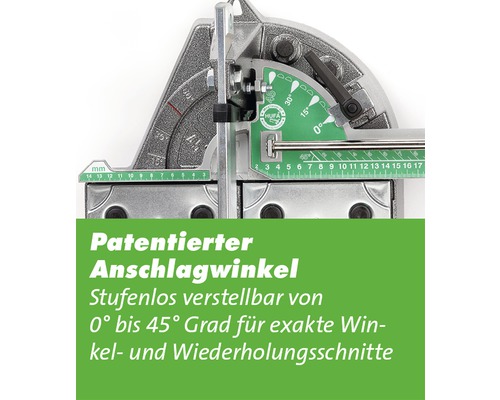 Detailansicht eines patentierten Anschlagwinkels für Fliesenschneider mit stufenloser Verstellung von 0 bis 45 Grad für exakte Winkel und Wiederholungsschnitte.