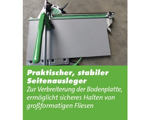 Fliesenschneider mit Seitenverlängerung zum sicheren Halten von großformatigen Fliesen.