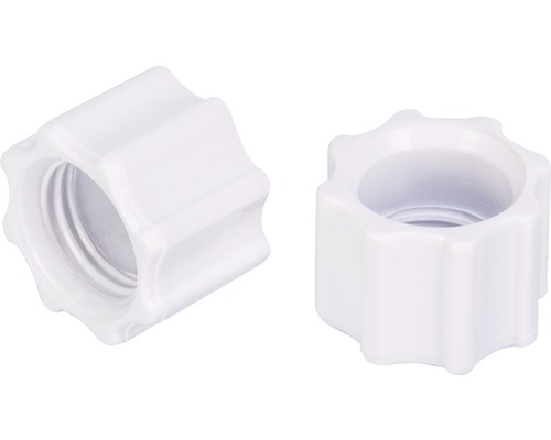 Zwei weiße Kunststoffmuttern mit Innengewinde