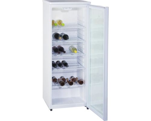 Offener Getränkekühlschrank mit mehreren Flaschen auf Drahtböden.