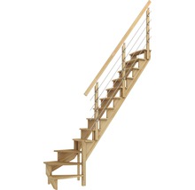 Holztreppe mit Geländer und Stahlseilen