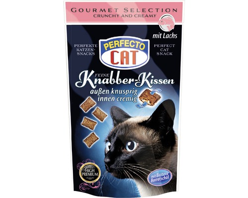 Katzensnack PERFECTO CAT Knabber-Kissen Lachs 50 g Verpackung Katzen-Snacks mit Lachseschmack