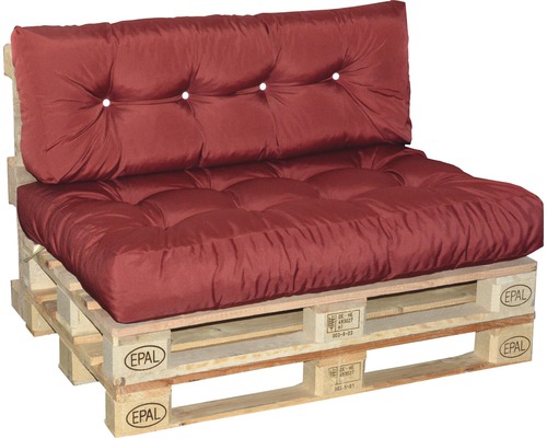 Palettensofa mit roter Polsterung und EPAL-Kennzeichnung