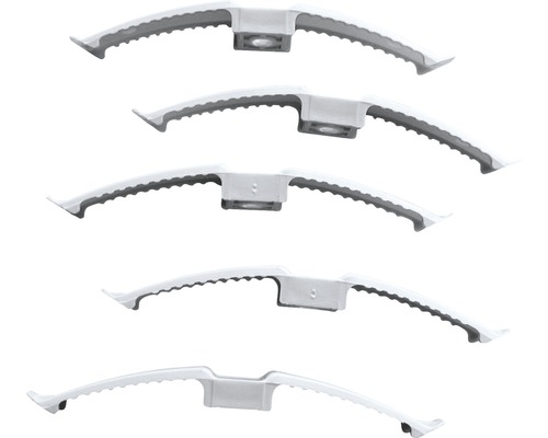 Fünf weiße Dachrinnenhaken aus Kunststoff im Set