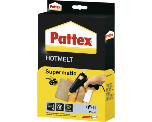 Pattex Hotmelt Supermatic Heißklebepistole mit 2 Heißklebesticks