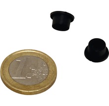 Zwei schwarze Endkappen aus Kunststoff und eine Ein-Euro-Münze zur Größenveranschaulichung