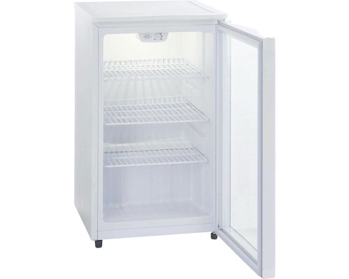 Weißer Kühlschrank mit Glasfronttür und Gitterböden