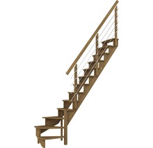 Holztreppe mit Geländer aus Edelstahlseilen
