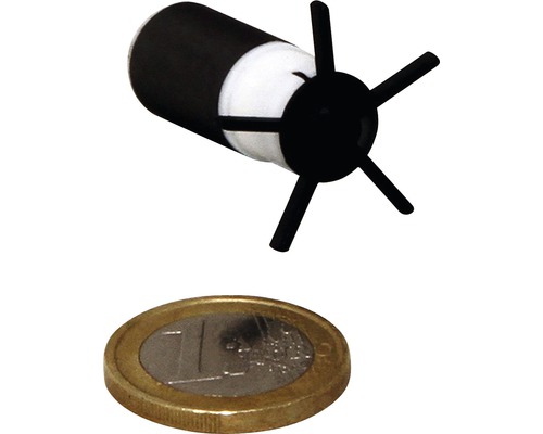 Miniatur Tauchpumpe neben einer Ein-Euro-Münze.