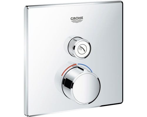 Grohe Logo. Duscharmatur mit zwei Reglern zur Temperatureinstellung und zur Auswahl der Strahlart.