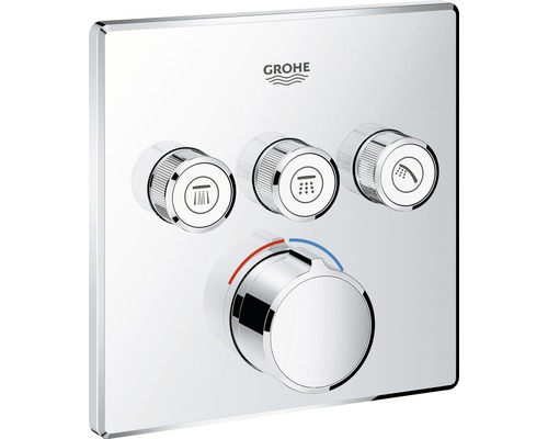 Grohe Armatur mit drei Reglern zur Steuerung verschiedener Duschfunktionen und einem Temperaturregler