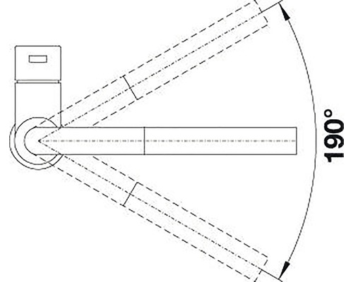 Skizze eines Wasserhahns mit einem Schwenkbereich von 190 Grad