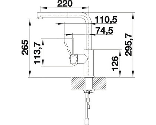 Technische Zeichnung einer Küchenarmatur mit Maßangaben