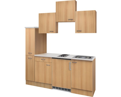 Kompakte Küchenzeile mit Spüle, Kochfeld und Oberschränken