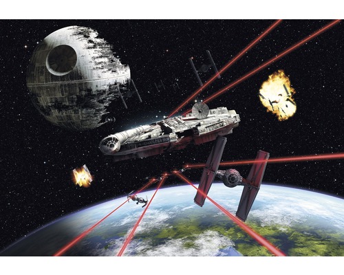 Fototapete Papier 8-489 Disney Edition 4 Star Wars Falcon 8-tlg. 368 x 254cm Illustration der Star Wars Schlacht mit dem Millennium Falken und TIE Jägern gegen den Todesstern