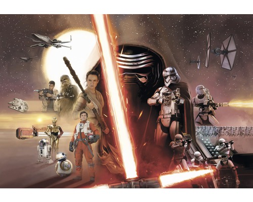 Fototapete Papier 8-492 Disney Edition 4 Star Wars EP7 Collage 8-tlg. 368 x254 cm Star Wars Filmplakat mit den Charakteren Rey, Finn, Poe Dameron, Chewbacca, C-3PO, R2-D2, BB-8, Kylo Ren, Captain Phasma, Stormtrooper und Raumschiffen