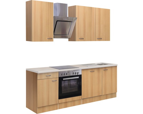 Einbauküche mit Hängeschränken, Dunstabzugshaube, Spüle und Herd