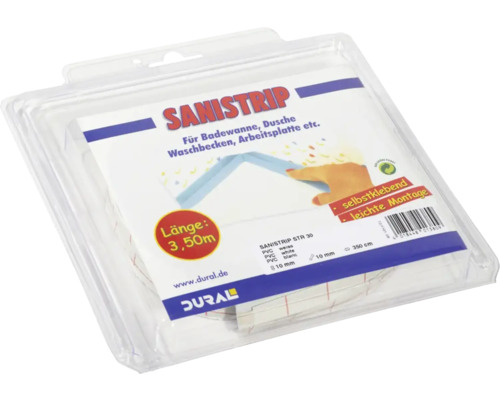 Sanitärdichtungsband in transparenter Verpackung mit Informationen zu Länge und Material
