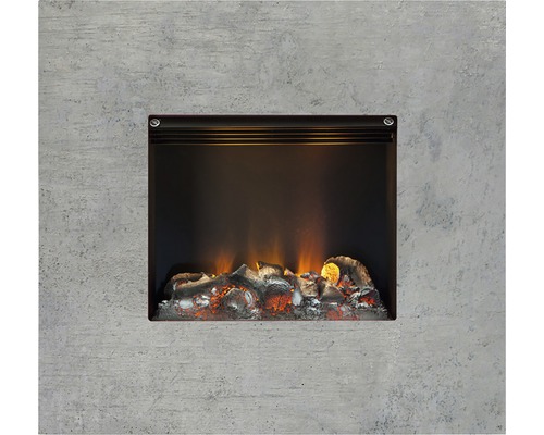 Elektrokamin mit Flammeneffekt und Holzscheitimitat in Betonoptik