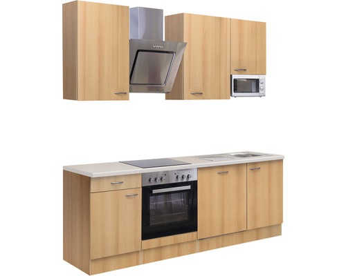 Küchenzeile mit Hängeschränken, Dunstabzugshaube, Herd, Spüle und Mikrowelle