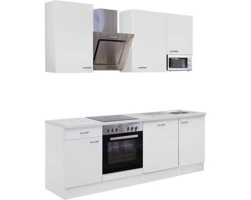 Komplette Küchenzeile mit Spüle, Herd, Backofen, Dunstabzugshaube, Mikrowelle und Hängeschränken