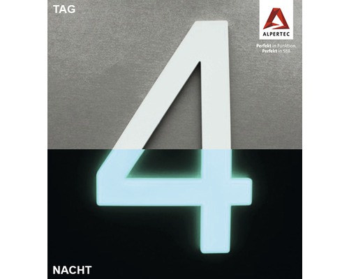 Hausnummer 4 Nachtleuchtend glow in the Dark selbstleuchtend Hausnummer Vier mit Tages- und Nachtansicht