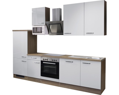 Komplette Küchenzeile mit Spüle, Herd, Dunstabzugshaube, Mikrowelle und Hängeschränken