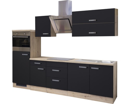 Komplette Küche mit Hängeschränken, Dunstabzugshaube, Spüle, Herd und Backofen