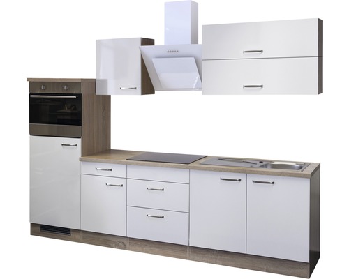 Komplette Küchenzeile mit Spüle, Kochfeld, Backofen, Dunstabzugshaube und Hängeschränken