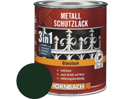 HORNBACH Metallschutzlack 3in1 glänzend dunkelgrün 2,5 l Dose Metall Schutzlack 3 in 1, Grundierung, Rostschutz und Decklack, Glanzlack, haftstark, direkt auf Rost, witterungsbeständig, Hornbach Logo