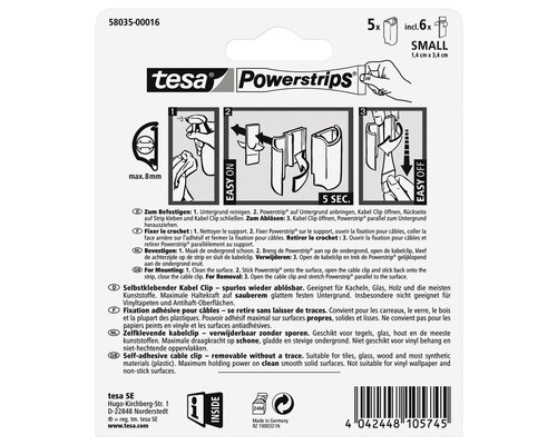 Tesa Powerstrips Kabelclips, selbstklebend, mehrfach verwendbar, geeignet für glatte Oberflächen, 6 Stück