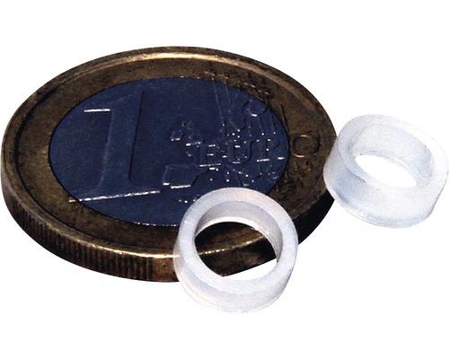 Zwei Dichtungsringe aus Kunststoff neben einer Ein-Euro-Münze.