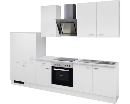 Komplette Küchenzeile mit Ober- und Unterschränken, Spüle, Herd und Dunstabzugshaube