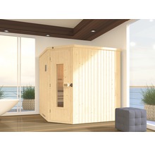 Ecksauna aus Holz in einem hellen Raum