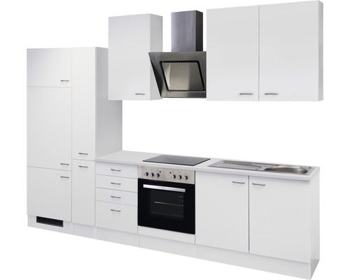 Komplette Küche mit Hängeschränken, Dunstabzugshaube, Spüle, Kochfeld und Backofen