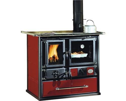 Dauerbrandofen Nordica Extraflame Rosa Farbe Herd rot Material Herdplatte 6,5 kW Holzherd mit Backofen, Feuer und Teekessel